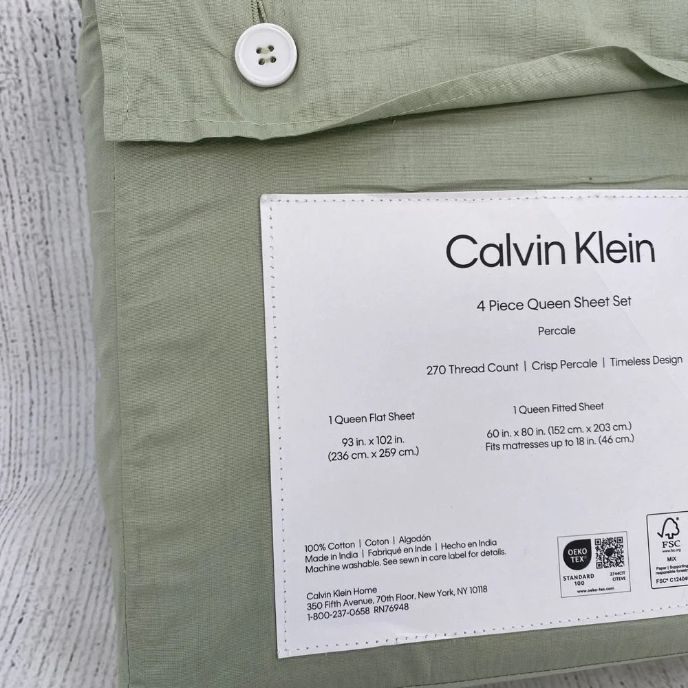 Calvin Klein Sheet Set Queen Sage Green Cotton Percale 270TC Earthy Modern